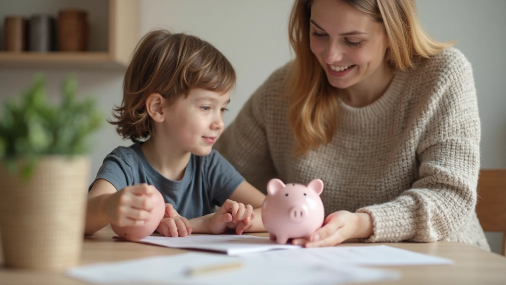 Professionele foto van ouder en kind die samen over financiële onderwerpen spreken met educatief materiaal op tafel