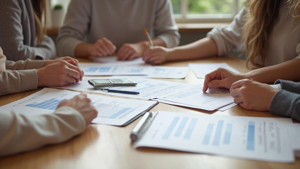 Professionele foto van gezinsleden die samen een begroting opstellen met budget werkbladen op tafel