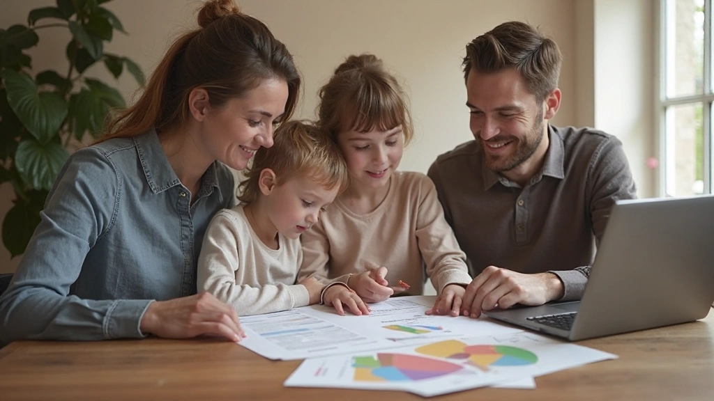 Professionele foto van gezin dat samen financiële planning bespreekt aan tafel met laptop en documenten