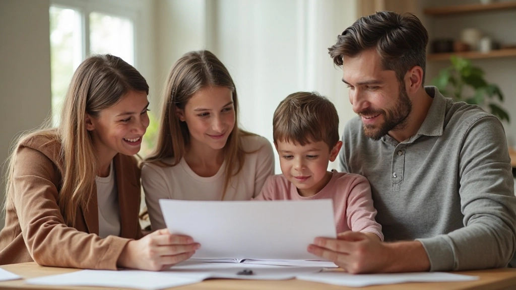 Familie met volwassenen en kinderen die samen financiële lessen leren aan de tafel