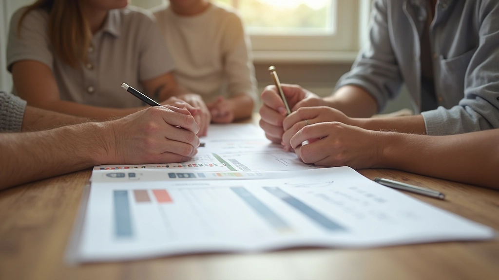 Familie bespreekt financiële planning rond tafel met grafieken