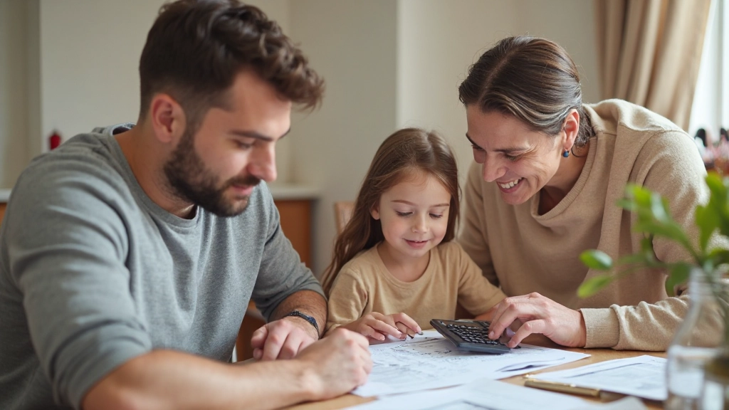 Familie aan de keukentafel bestudeert samen een financieel plan met grafieken en notitieboeken