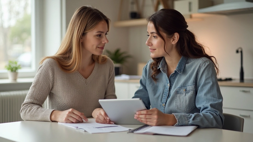 Moeder en tiener discussiëren over uitgavenbeslissingen met tablet en notities