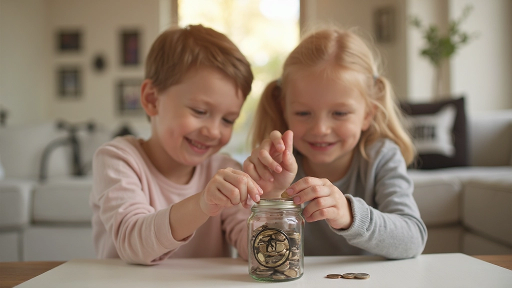 Kind die munten in spaarbok plaatst met ouders die toekijken