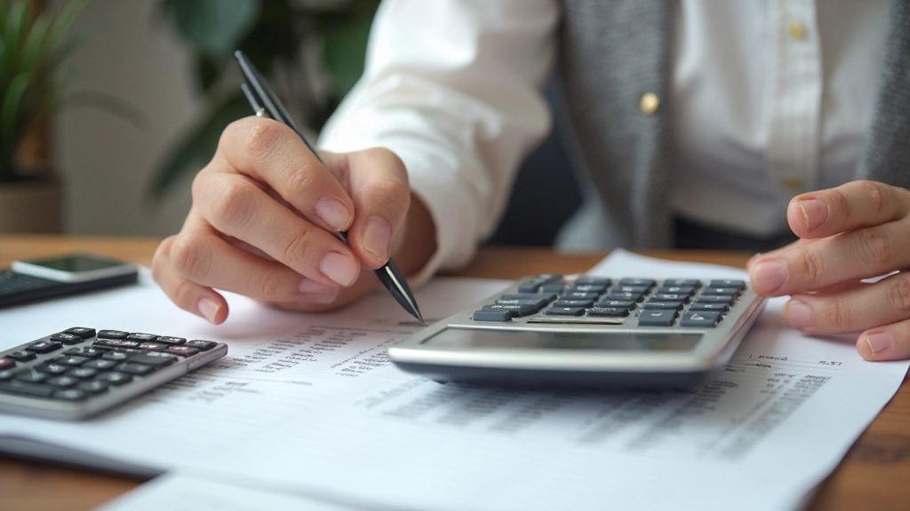 Professionele foto van iemand die inkomsten en uitgaven analyseert met financiële grafieken en calculator op het bureau